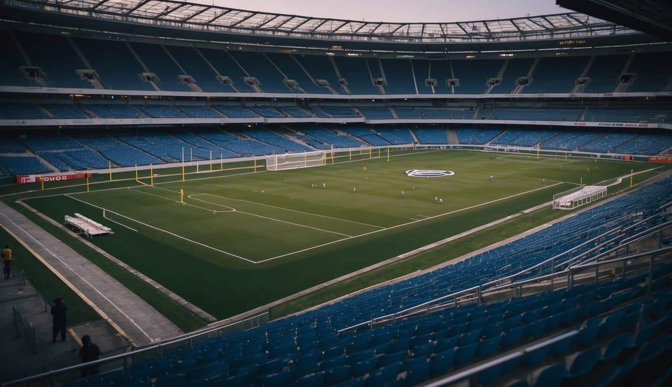 Empty stadium with players wearing masks. Coaches and staff in PPE. No fans in the stands. COVID-19 impact on football