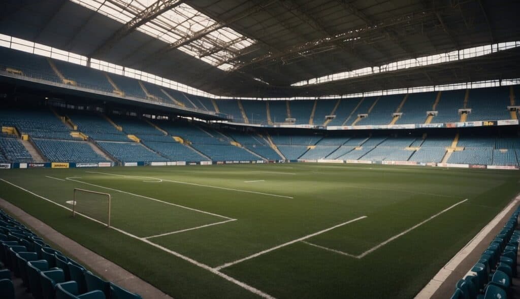 Empty stadium with closed concession stands and team logos. Desolate atmosphere with overgrown grass on the pitch. Signs of financial strain evident