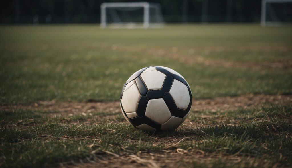 A soccer ball rolling across an empty field, with abandoned goalposts and a sense of stillness and desolation