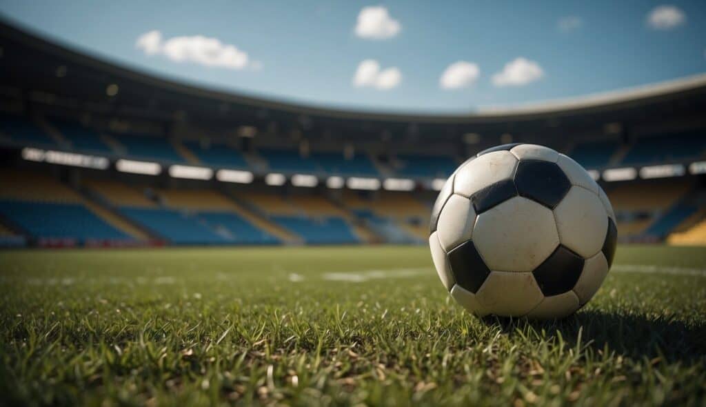 A soccer stadium sits empty, with overgrown grass and abandoned goalposts, symbolizing the impact of COVID-19 on the sport