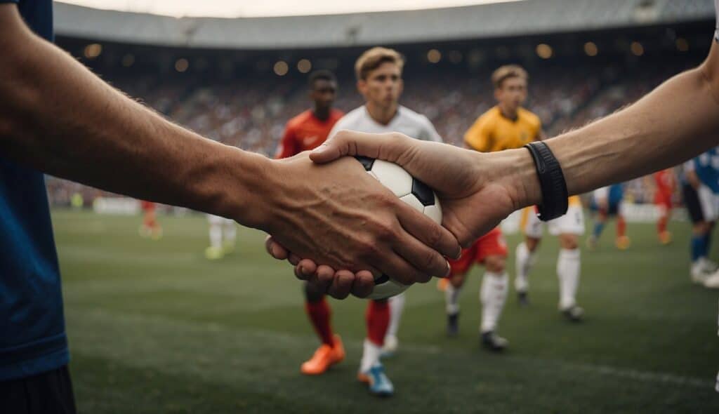 A soccer field with players shaking hands and displaying sportsmanship, emphasizing the importance of fairness and respect in football