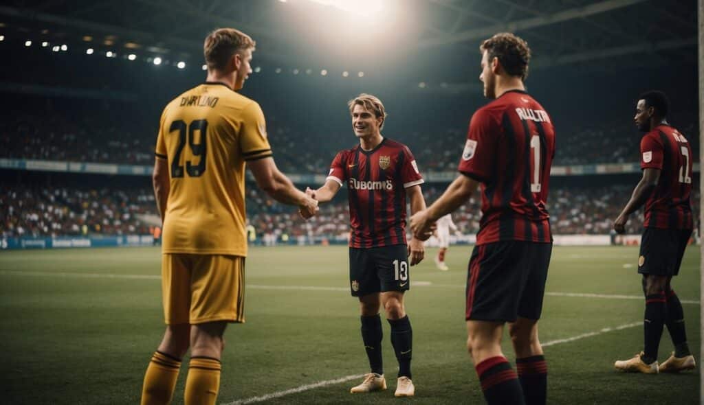 A soccer match ending with players shaking hands and showing respect, while the referee records fair play scores