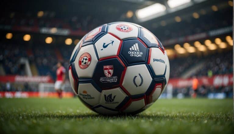 A soccer ball sits on a field with the Bundesliga and Premier League logos in the background, symbolizing the history and success of both leagues