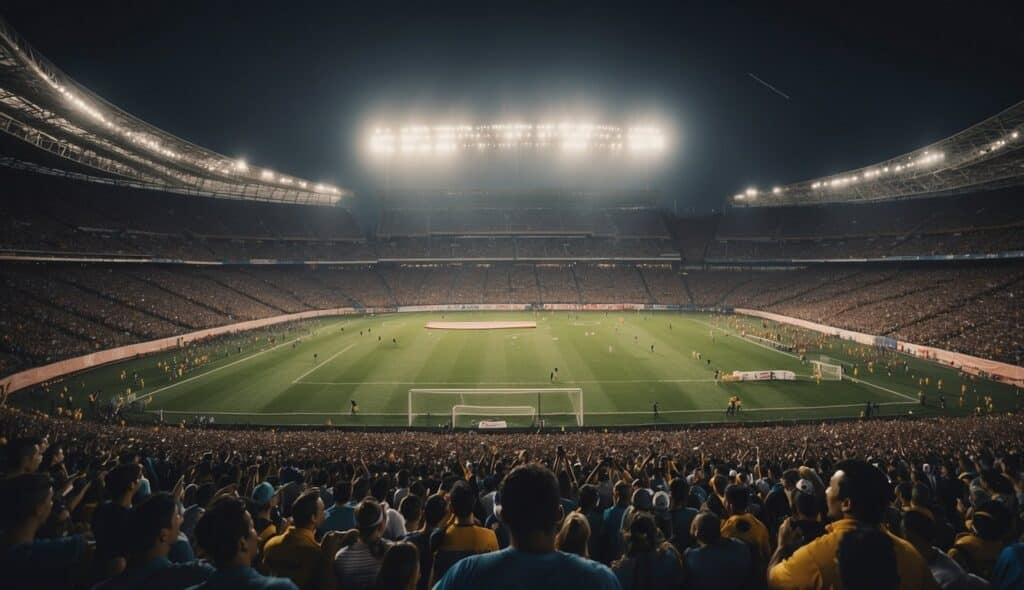 A crowded stadium with banners and merchandise stands, fans cheering and waving flags, players competing on the field, and intense action unfolding