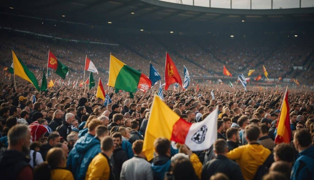 Soccer culture: Bundesliga vs Premier League fans in stadium with flags and scarves