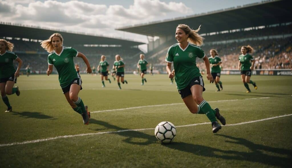 A group of female soccer players in Germany, playing on a green field with a crowd of cheering fans in the background