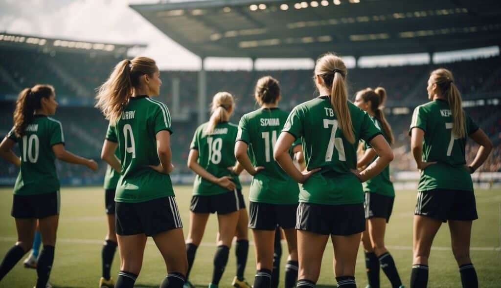 A group of female soccer players in Germany, training on a green field with a backdrop of a stadium and cheering fans