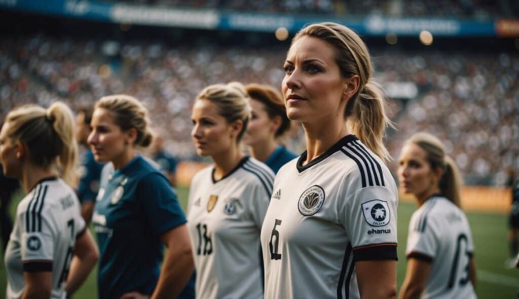 Important figures and players of women's soccer in Germany, standing together on the field, with a crowd of fans cheering in the background