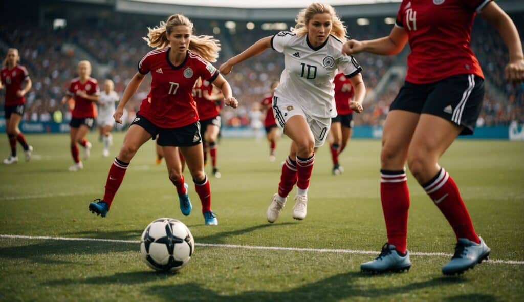 A group of female soccer players in action on a vibrant field, with cheering fans in the background, symbolizing the current challenges and future prospects of women's soccer in Germany