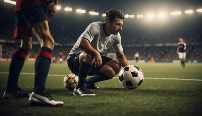 A soccer ball surrounded by players, with a coach giving a motivational speech