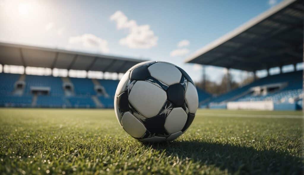 A soccer ball sits on a grass field, surrounded by empty bleachers under a clear blue sky