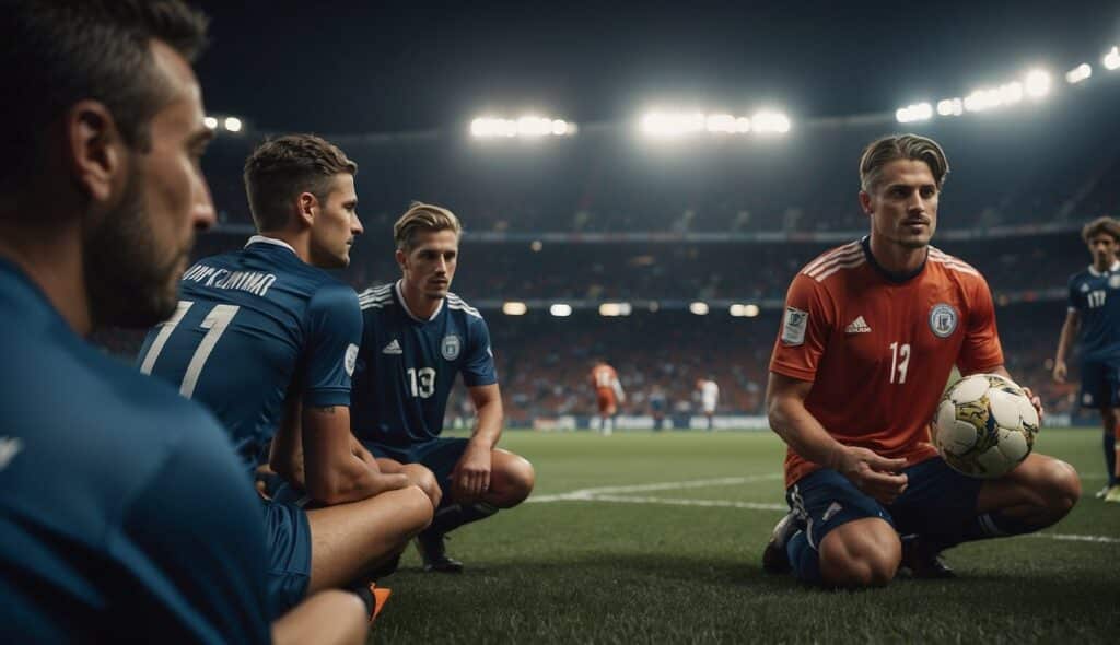 A soccer player visualizing success, surrounded by teammates, with a psychologist guiding mental training