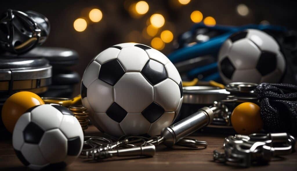 A soccer ball surrounded by mental training tools and resources, representing the development and training of mental skills for players and teams in soccer psychology