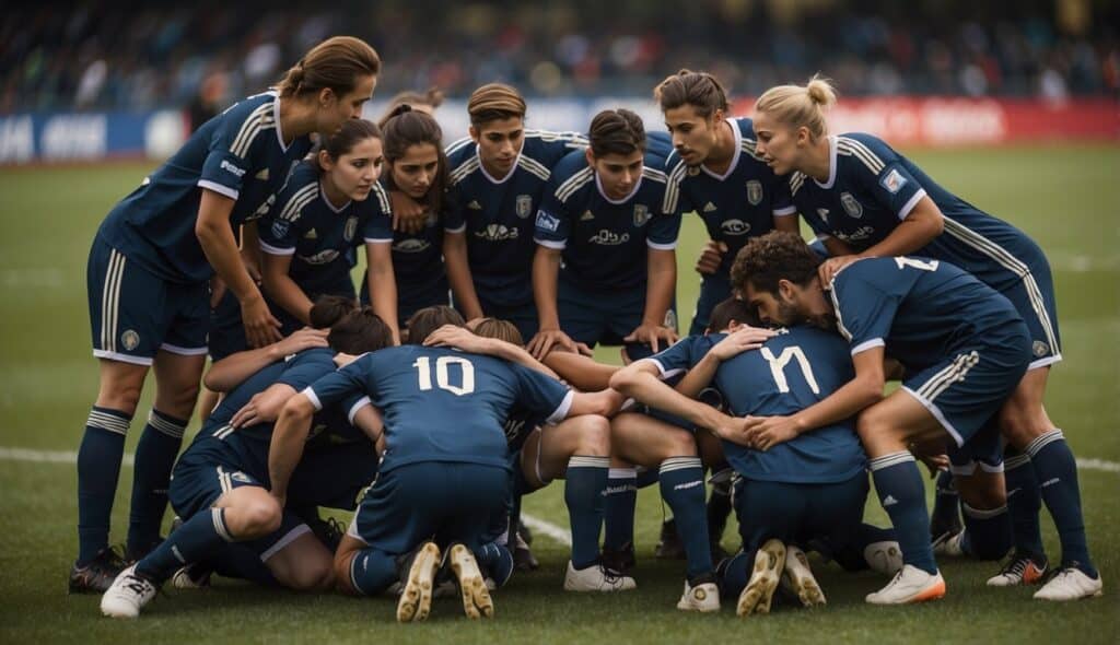 A soccer team huddles on the field, surrounded by their supportive environment. The players are focused, utilizing sports psychology techniques to enhance their performance