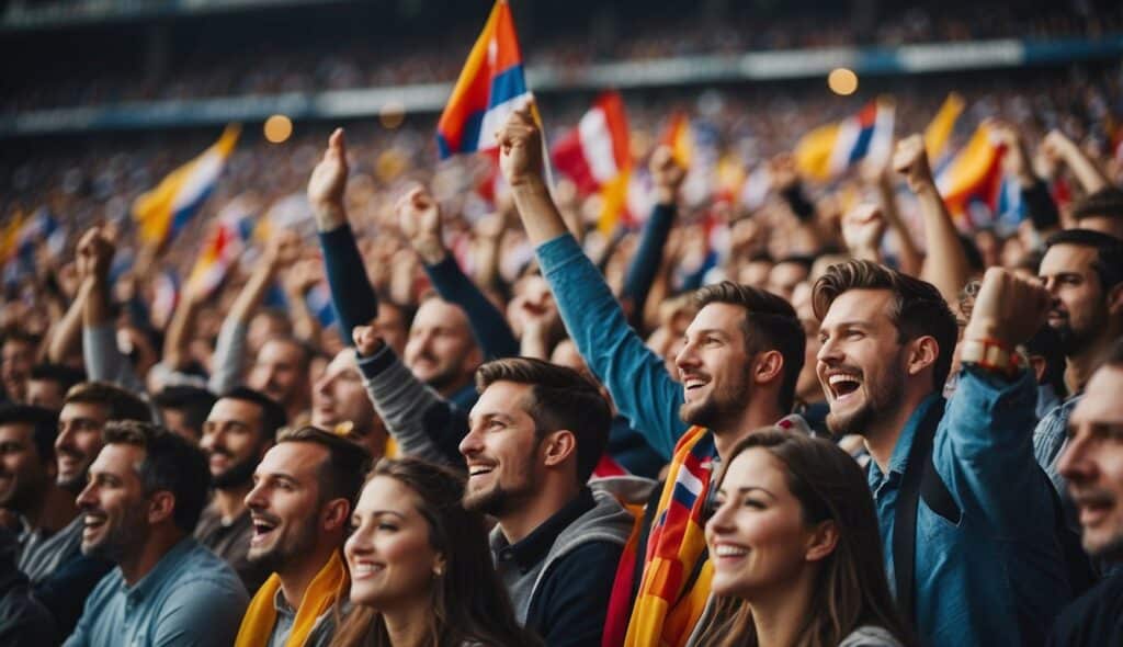 A crowd of passionate football fans waving scarves and flags, chanting and cheering for their team in a packed stadium