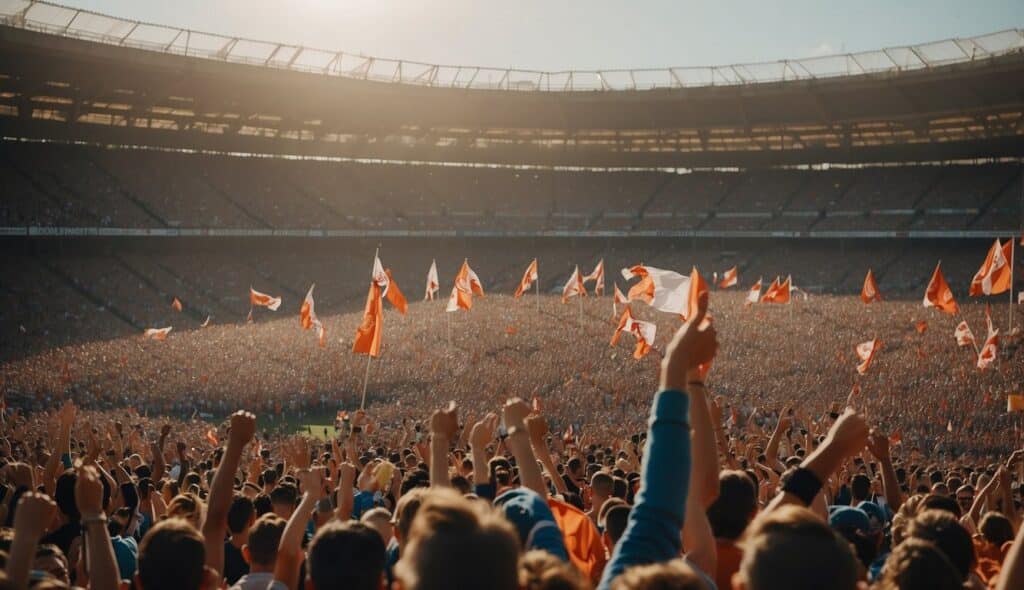 A stadium filled with passionate fans, waving flags and chanting in support of their beloved football team