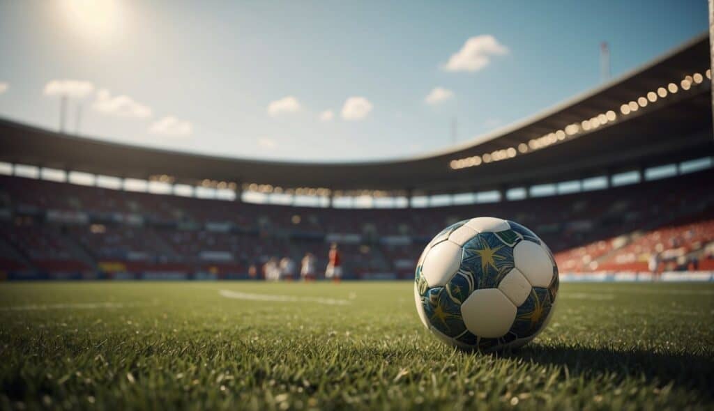 A soccer ball rolling across a grassy field, with goalposts in the background and flags from different countries lining the stadium