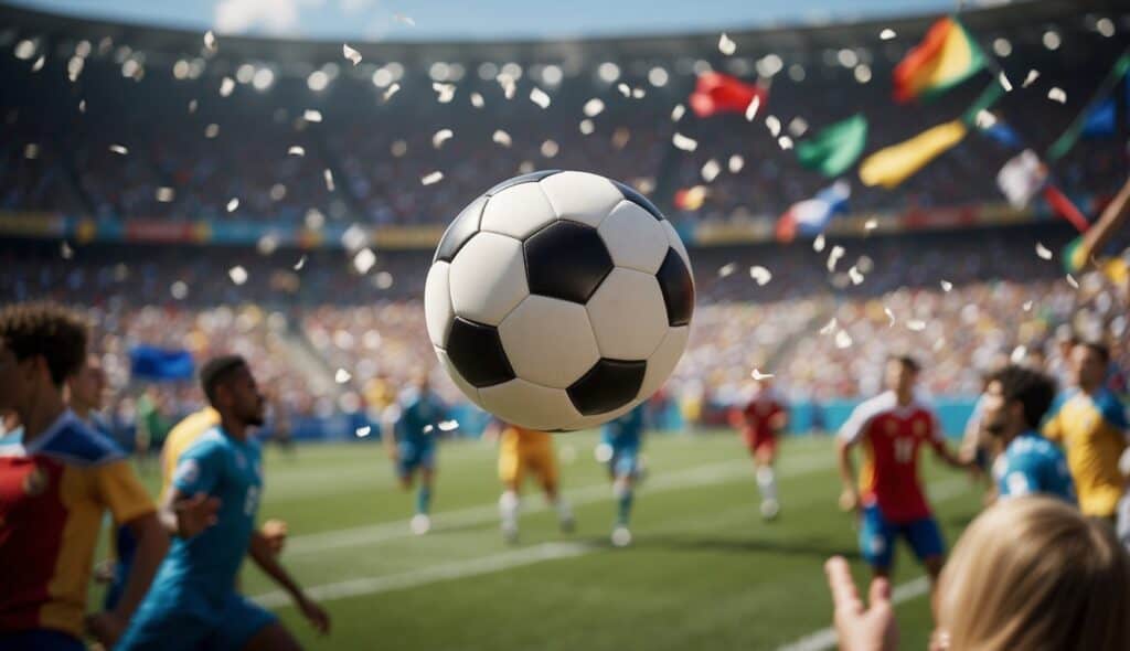 A soccer ball soaring through the air, surrounded by cheering fans and colorful flags, as players battle for victory on the World Cup stage