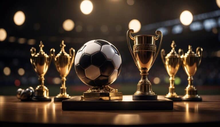 A soccer ball sits on a pedestal, surrounded by trophies and medals. A spotlight shines down on the display, highlighting the success of a retired soccer player's career