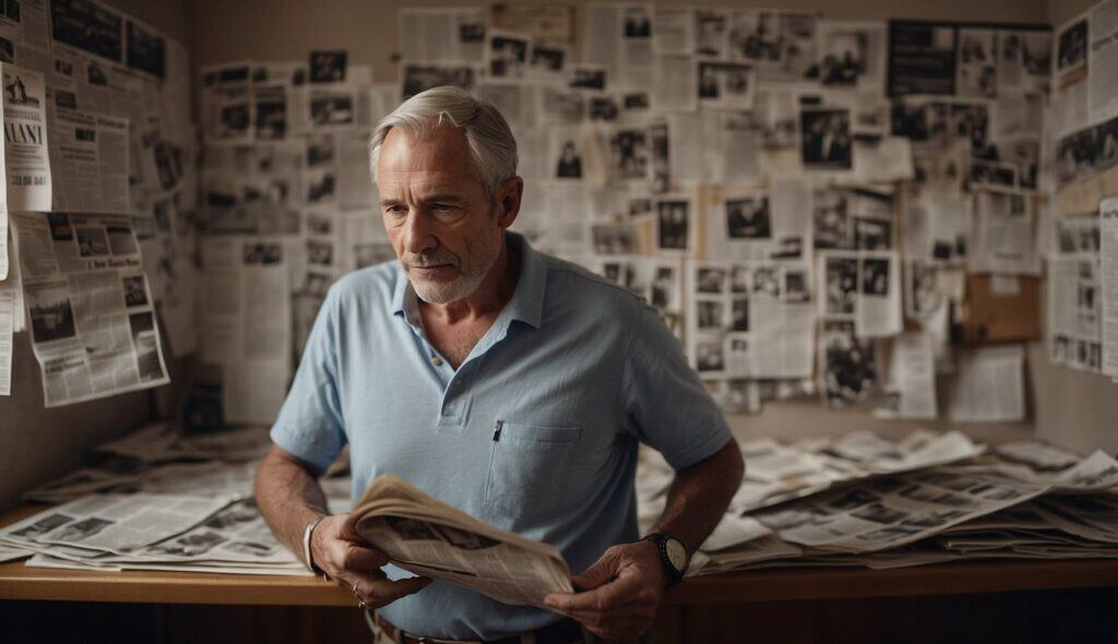 A retired footballer looks at a wall covered in newspaper clippings and photos from their career, while a calendar with future plans hangs on the opposite wall