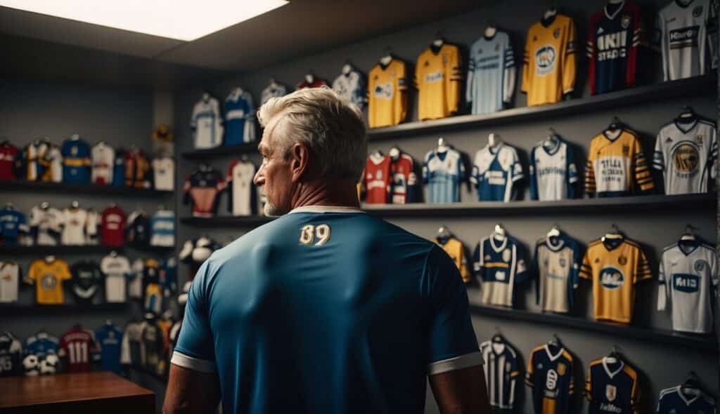 A retired soccer player looks at a wall covered in framed jerseys and trophies, contemplating their future career options beyond their time on the field