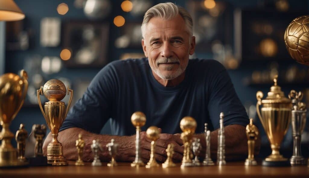 A retired football player reflects on social and psychological aspects of post-career life, surrounded by trophies and memorabilia