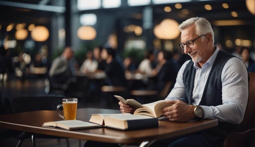 A retired soccer player studying business books, networking at industry events, and launching a sports management agency