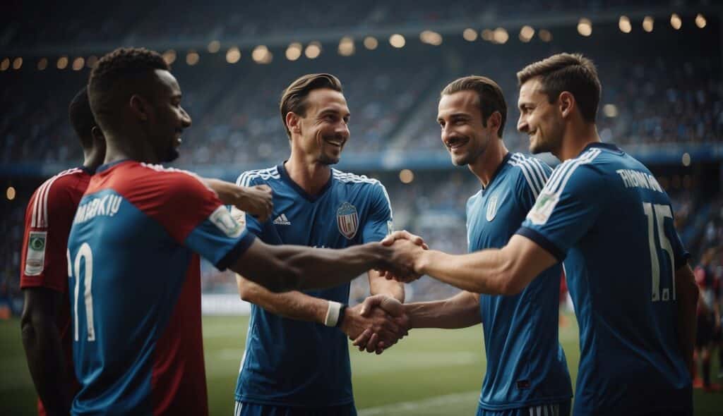 A group of soccer players from different countries exchanging jerseys and shaking hands in front of a global map