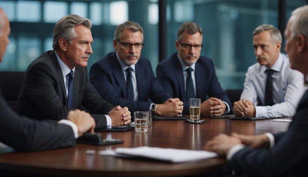 A group of officials discussing international football transfer regulations in a boardroom setting