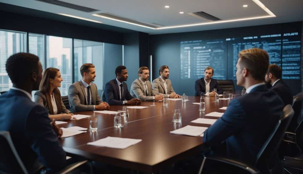 A group of soccer players from different countries negotiating transfer rules in a meeting room