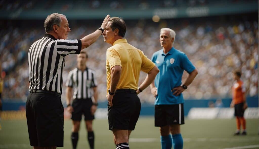 A referee signaling a penalty kick with players watching, while a coach protests from the sidelines