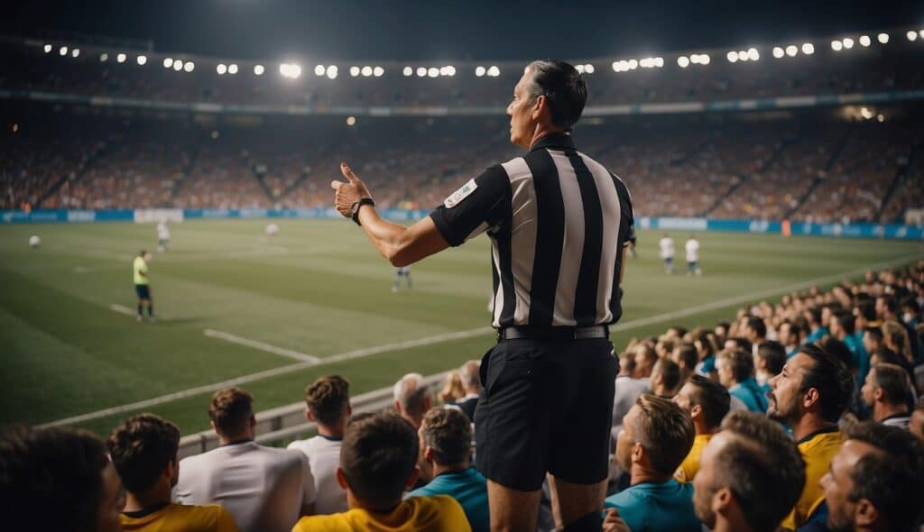 A soccer referee making a crucial decision in a stadium filled with passionate fans, while players and coaches react in anticipation