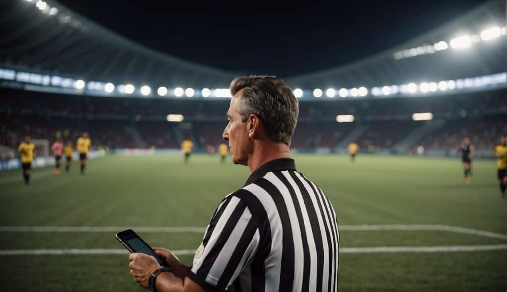 A soccer referee using technology to make decisions on the field