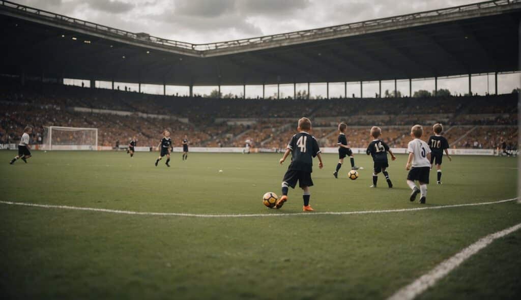 A soccer field with children playing, surrounded by smiling faces, and a banner promoting social projects by football clubs