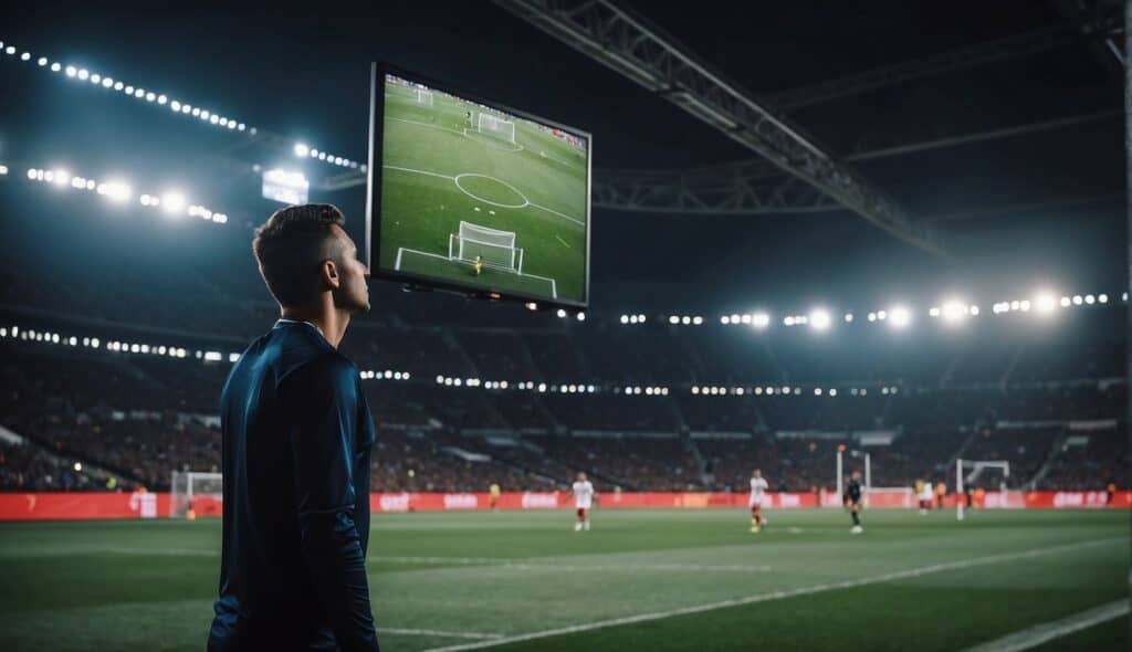 A soccer player looks up at the video assistance system on the stadium screen during a match, showcasing modern technology in football