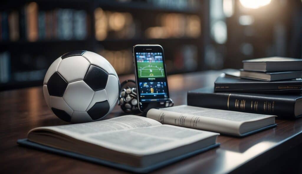 A soccer ball surrounded by futuristic technology and rule books, symbolizing innovation and fairness in modern football