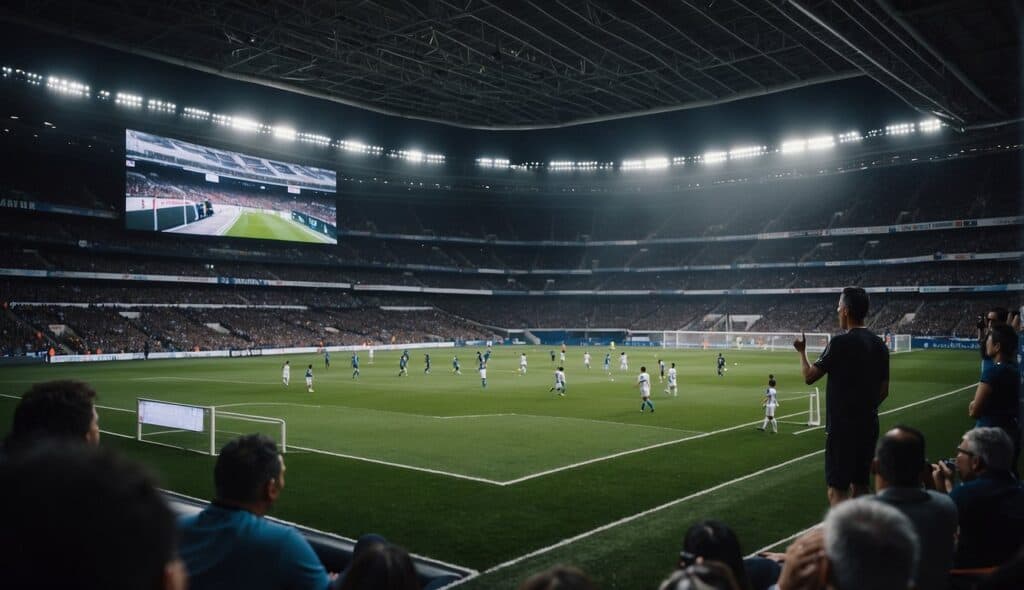 A soccer stadium with high-tech screens and digital scoreboards, surrounded by fans using smartphones and tablets to engage with modern technology in the game