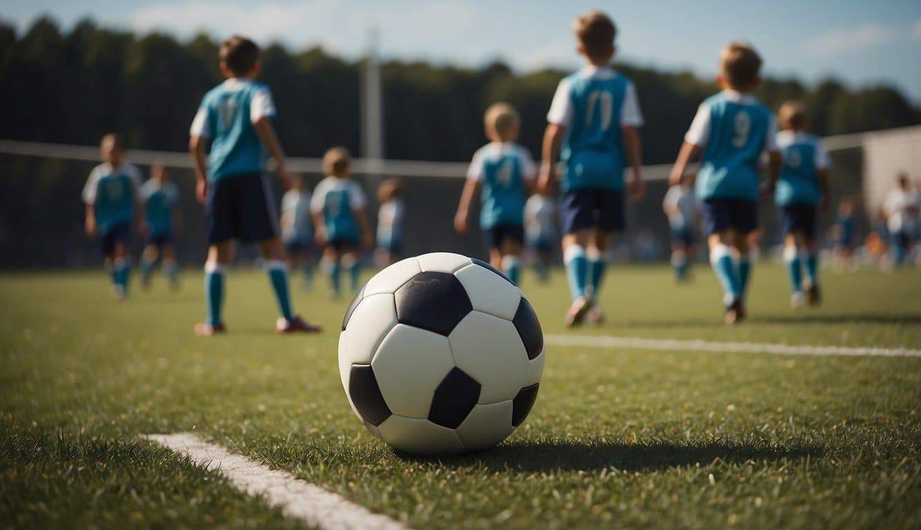 A soccer field with scouts observing players' skills and teamwork