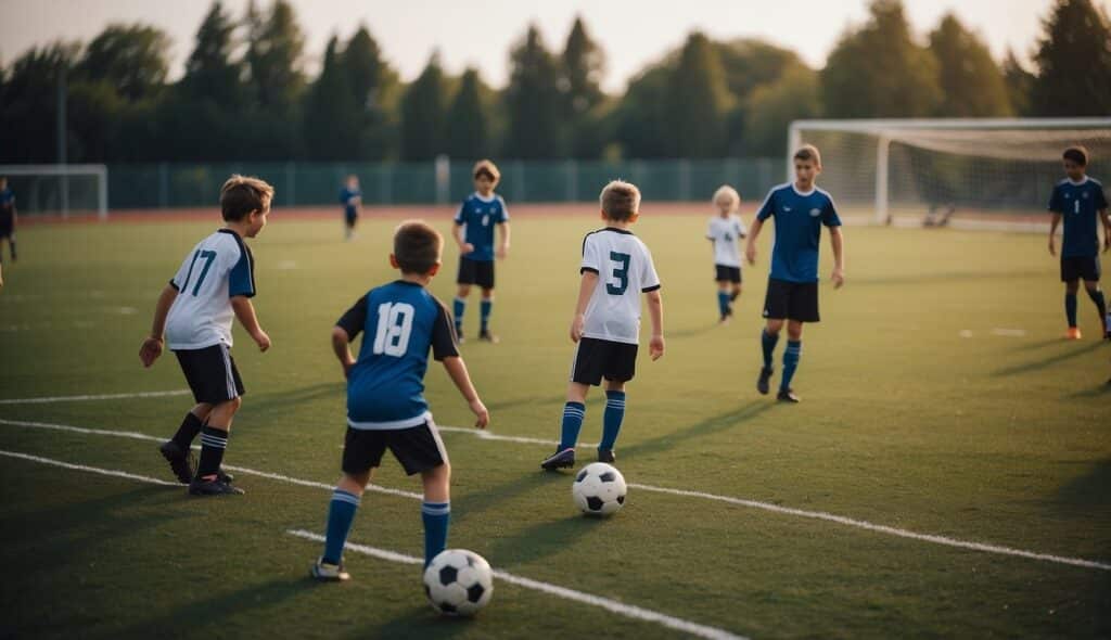 A soccer field with coaches observing young players demonstrating skills and teamwork