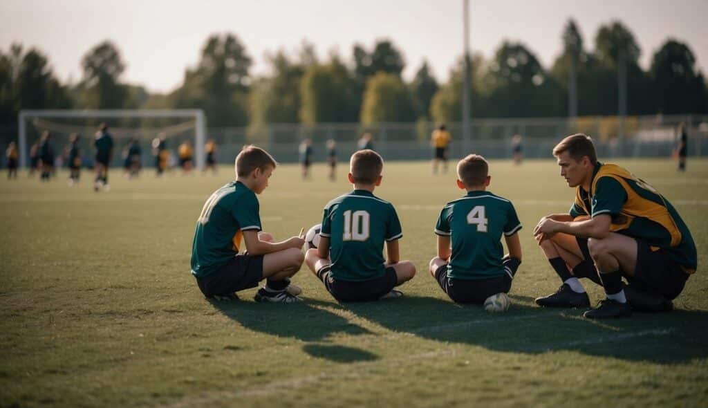 Scouts and trainers observe young soccer players on the field, taking notes and evaluating their skills and potential