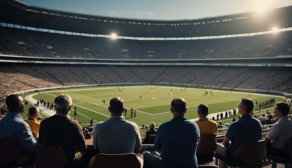 A bustling football stadium with coaches and scouts analyzing players on the field, while management discusses infrastructure and strategy in the background